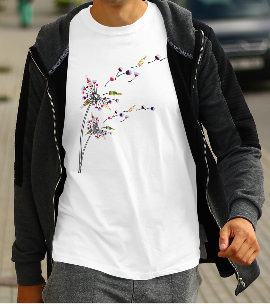 Funny Wine And Dandelion Lover Drinking Dandelion With Wine Bottles And Glasses T-Shirt