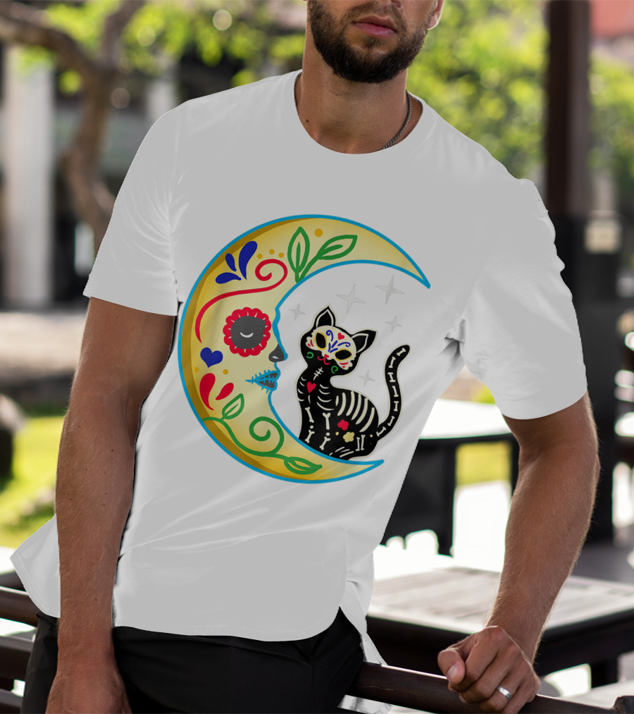Cat And Moon Sugar Skull Dia De Los Muertos Day Of The Dead Mexican Festival T-Shirt