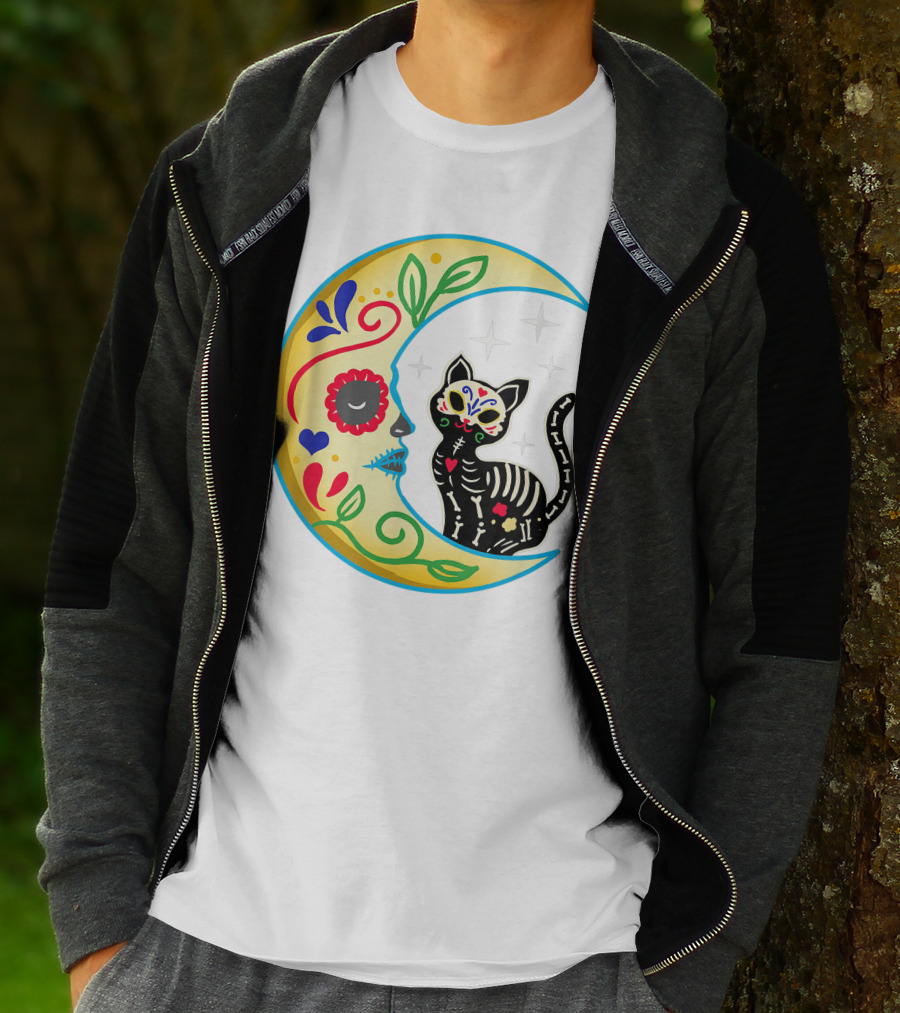 Cat And Moon Sugar Skull Dia De Los Muertos Day Of The Dead Mexican Festival T-Shirt