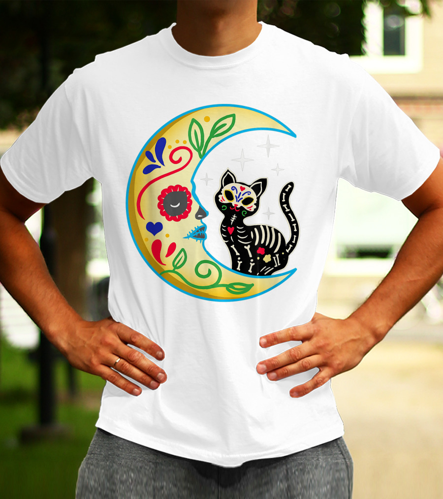 Cat And Moon Sugar Skull Dia De Los Muertos Day Of The Dead Mexican Festival T-Shirt