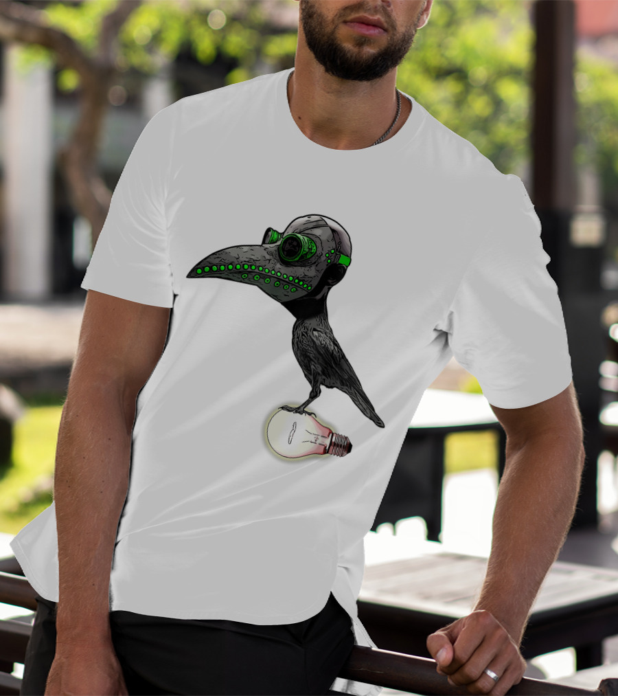 Bird In Plague Doctor Mask Perched On Light Bulb T-Shirt