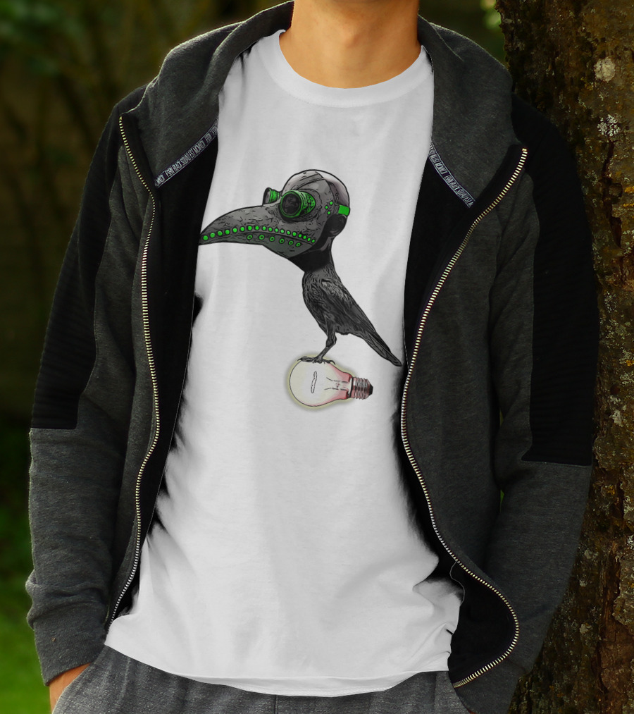 Bird In Plague Doctor Mask Perched On Light Bulb T-Shirt