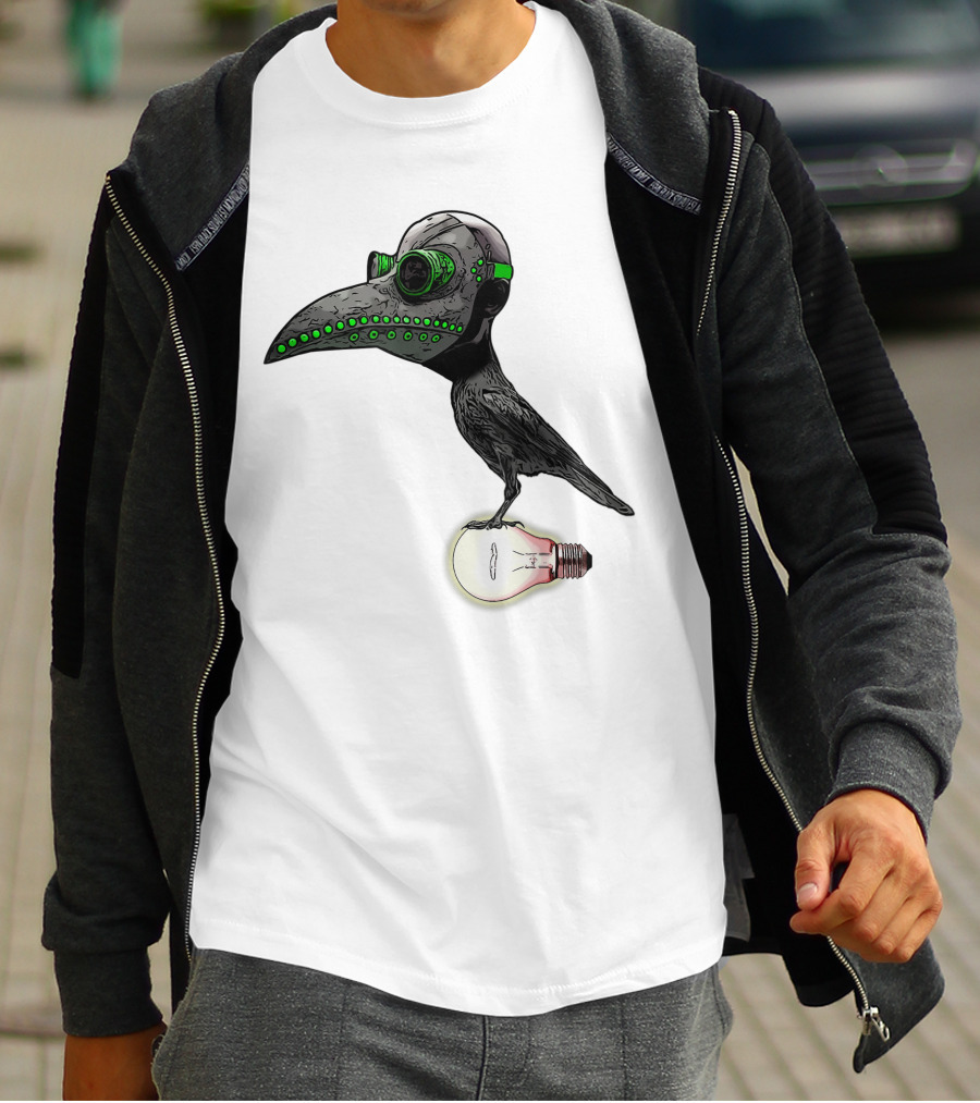Bird In Plague Doctor Mask Perched On Light Bulb T-Shirt