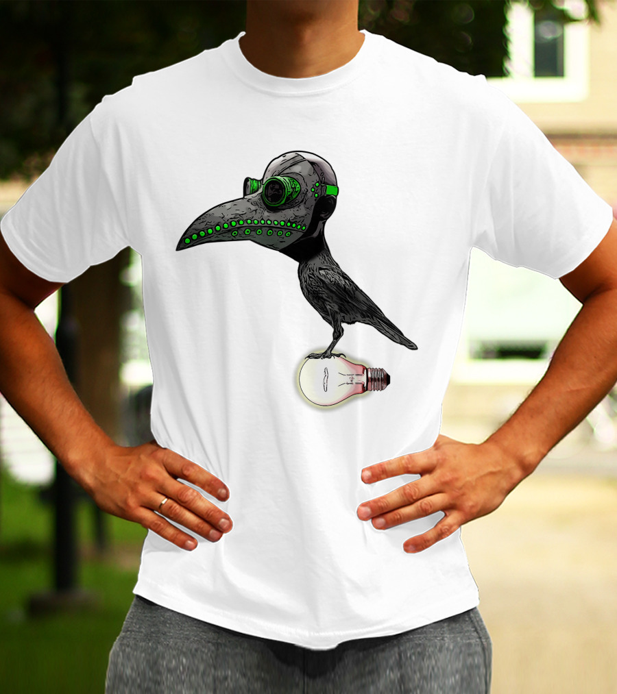 Bird In Plague Doctor Mask Perched On Light Bulb T-Shirt