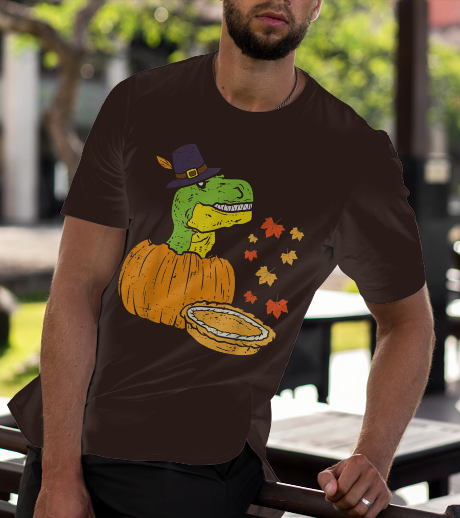 Pilgrim Trex Dinosaur Pumpkin Leaves Pie T-Shirt