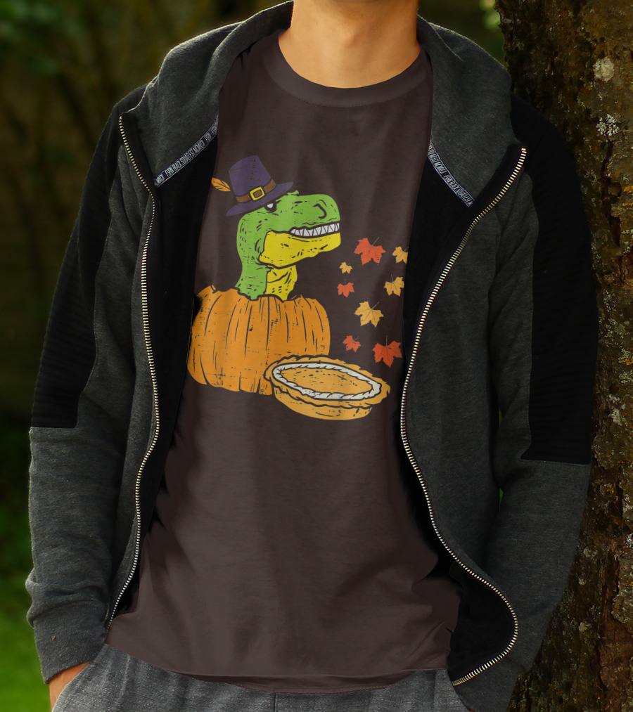 Pilgrim Trex Dinosaur Pumpkin Leaves Pie T-Shirt