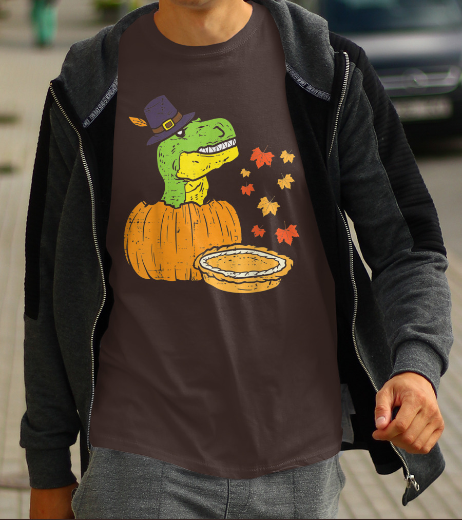 Pilgrim Trex Dinosaur Pumpkin Leaves Pie T-Shirt
