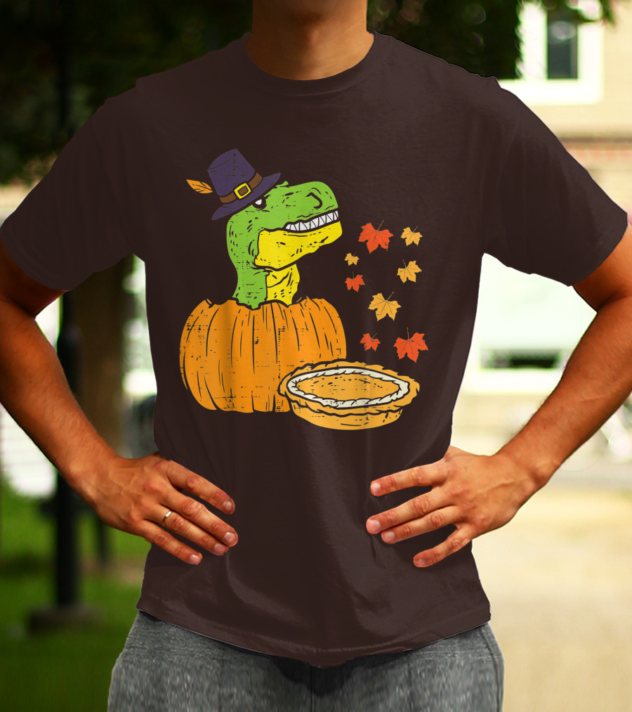 Pilgrim Trex Dinosaur Pumpkin Leaves Pie T-Shirt
