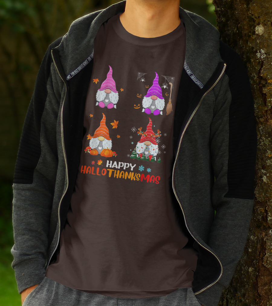 Happy Hallothanksmas Gnome Halloween Thanksgiving Christmas T-Shirt