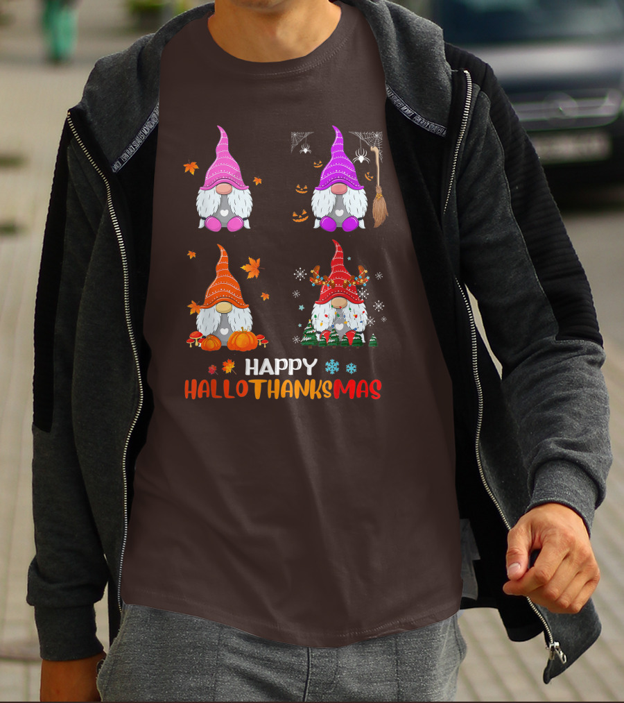 Happy Hallothanksmas Gnome Halloween Thanksgiving Christmas T-Shirt