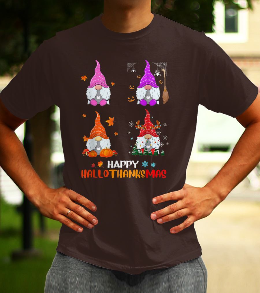 Happy Hallothanksmas Gnome Halloween Thanksgiving Christmas T-Shirt