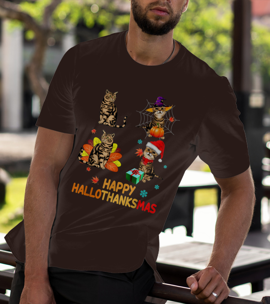 Happy Hallothanksmas Cats With Pumpkin, Autumn Leaves, Santa Hat, And Gift T-Shirt