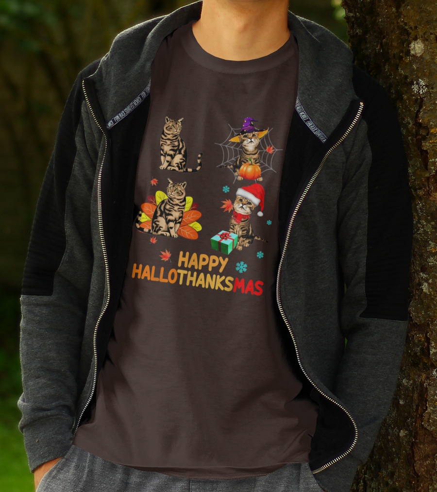 Happy Hallothanksmas Cats With Pumpkin, Autumn Leaves, Santa Hat, And Gift T-Shirt