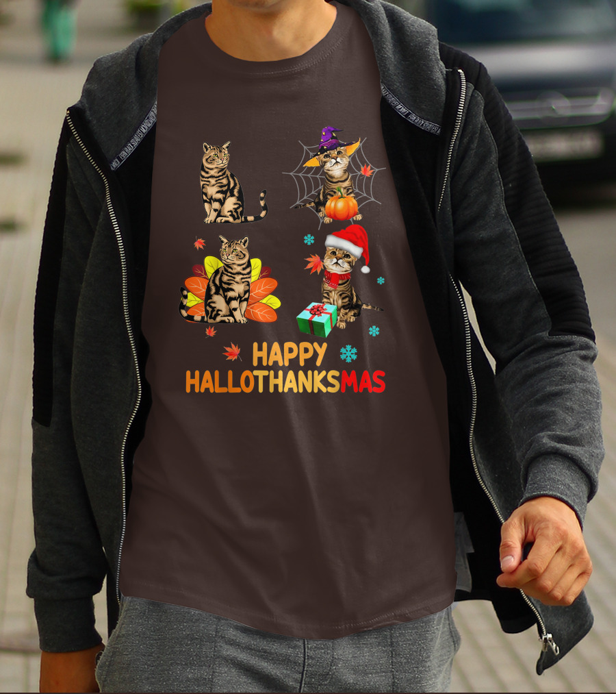 Happy Hallothanksmas Cats With Pumpkin, Autumn Leaves, Santa Hat, And Gift T-Shirt