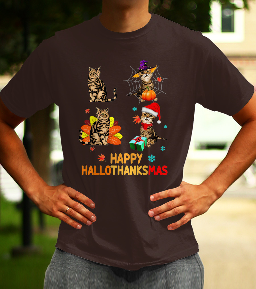 Happy Hallothanksmas Cats With Pumpkin, Autumn Leaves, Santa Hat, And Gift T-Shirt