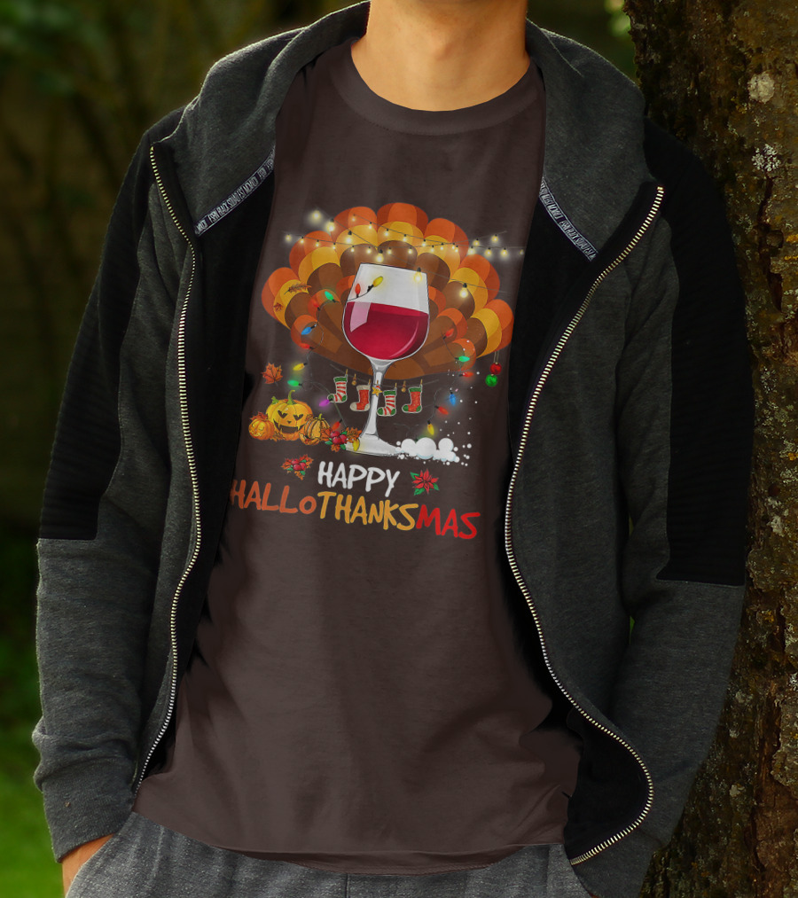 Happy Hallothanksmas Wine Glass Thanksgiving Funny Wine T-Shirt