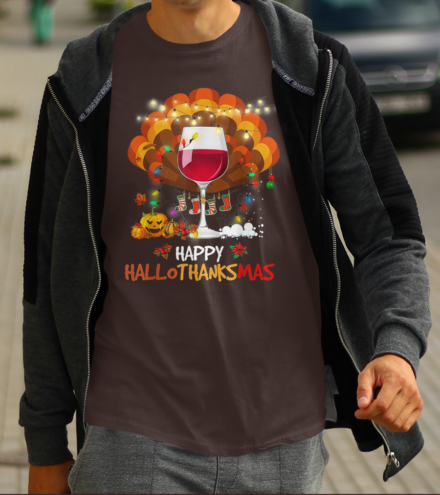 Happy Hallothanksmas Wine Glass Thanksgiving Funny Wine T-Shirt