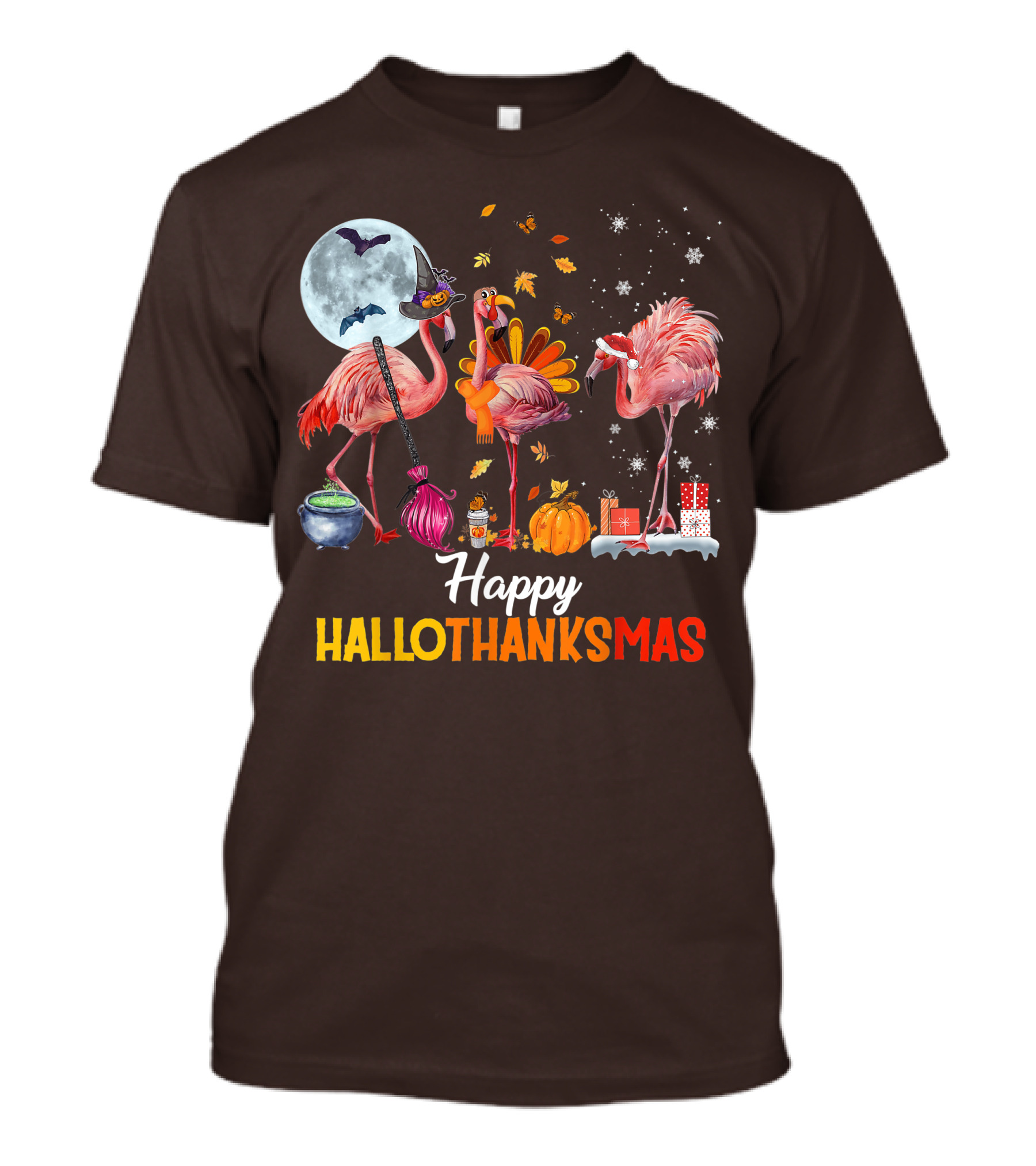 Happy Hallothanksmas Flamingo Halloween Merry Christmas T-Shirt