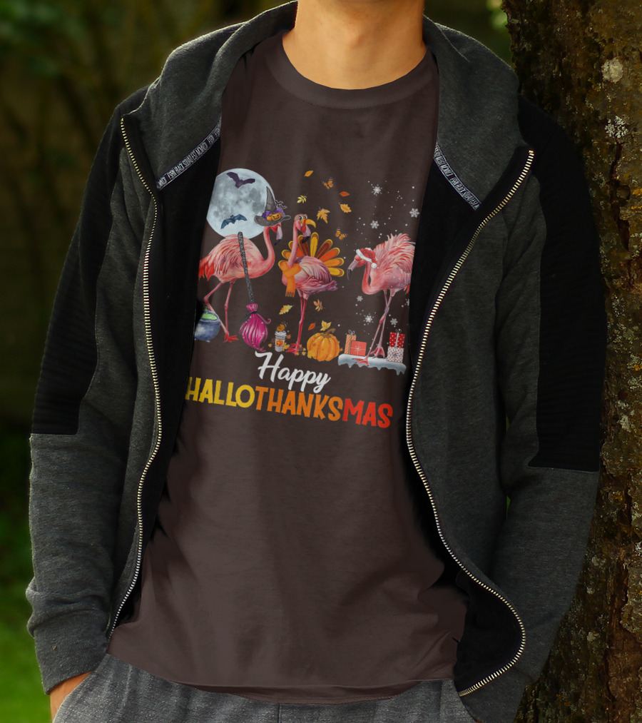 Happy Hallothanksmas Flamingo Halloween Merry Christmas T-Shirt