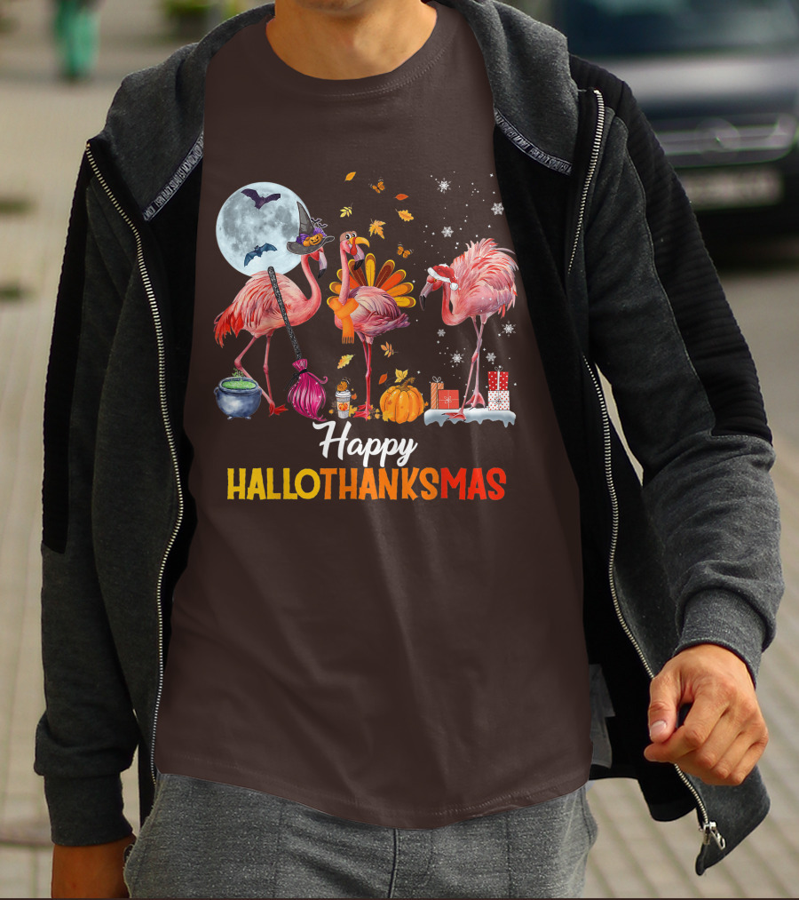 Happy Hallothanksmas Flamingo Halloween Merry Christmas T-Shirt