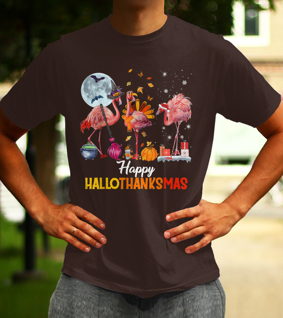 Happy Hallothanksmas Flamingo Halloween Merry Christmas T-Shirt