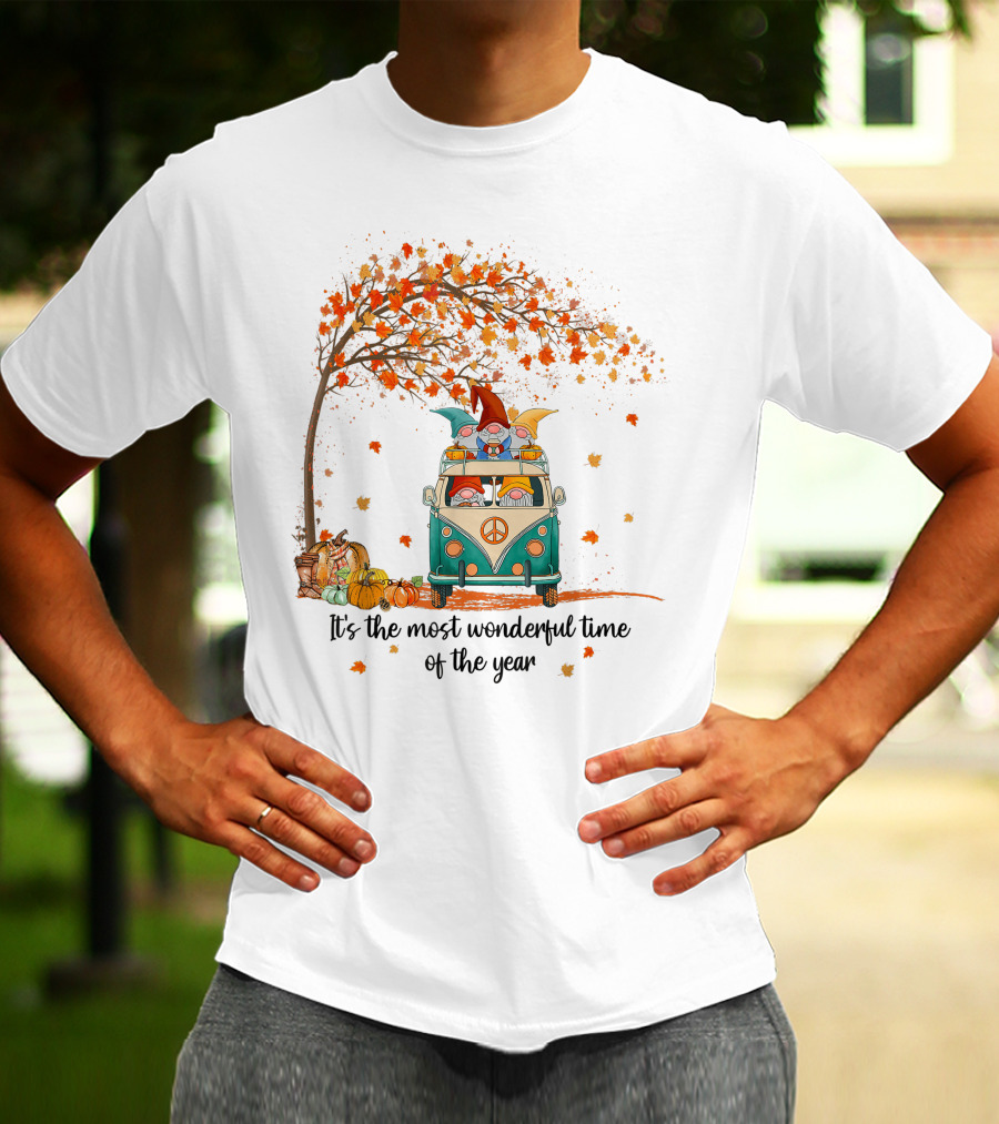 It's The Most Wonderful Time Of The Year Gnomes Autumn Fall In A Van With Pumpkins And Leaves T-Shirt