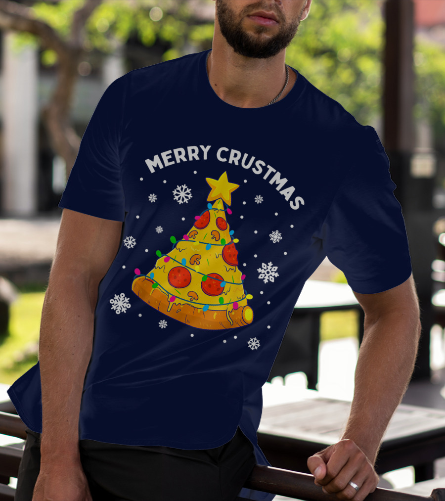 Merry Crustmas Pizza Christmas Tree With Cheese Garland And Snowflakes T-Shirt