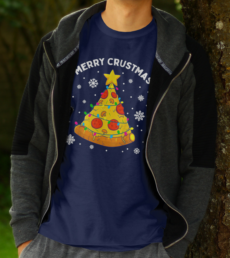 Merry Crustmas Pizza Christmas Tree With Cheese Garland And Snowflakes T-Shirt