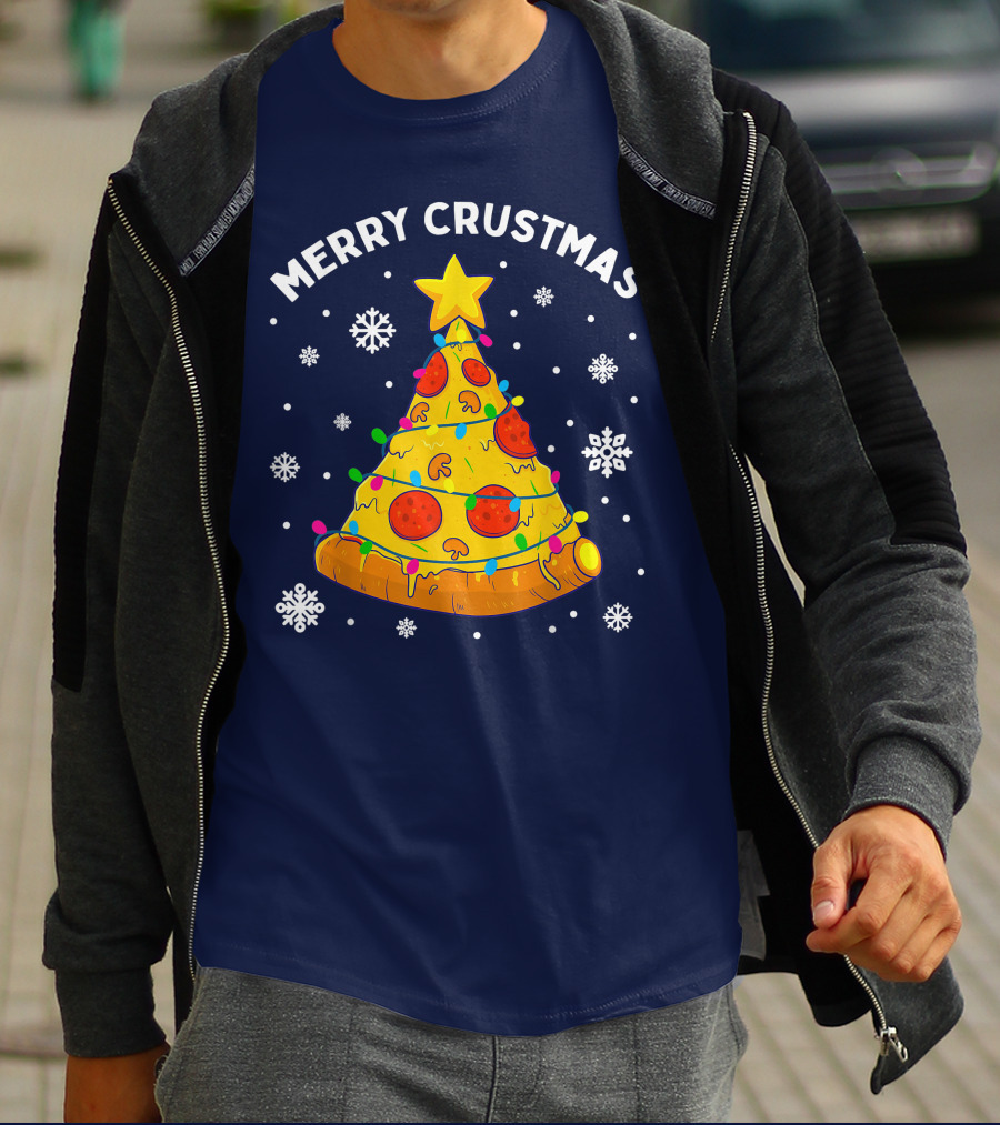 Merry Crustmas Pizza Christmas Tree With Cheese Garland And Snowflakes T-Shirt