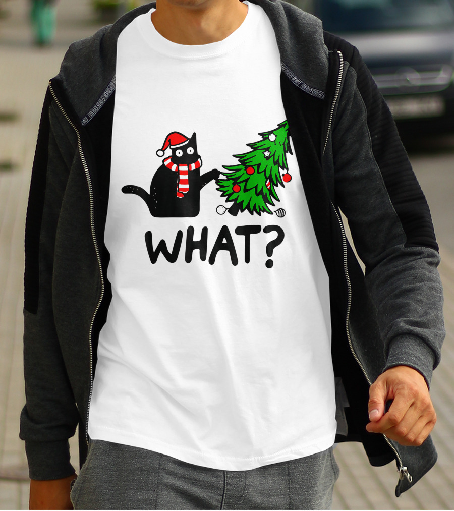 Funny Black Cat Santa Hat Pushing Over Christmas Tree What T-Shirt
