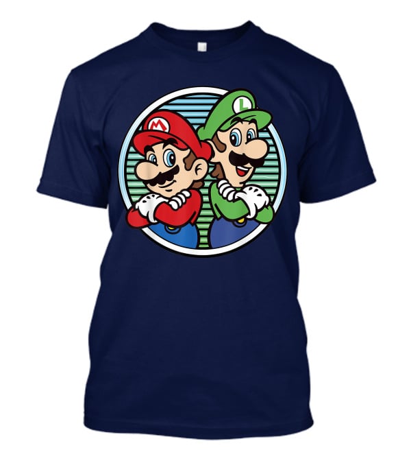 Super Mario Luigi Back To Back Iconic Brothers Circular Retro Stripes T-Shirt