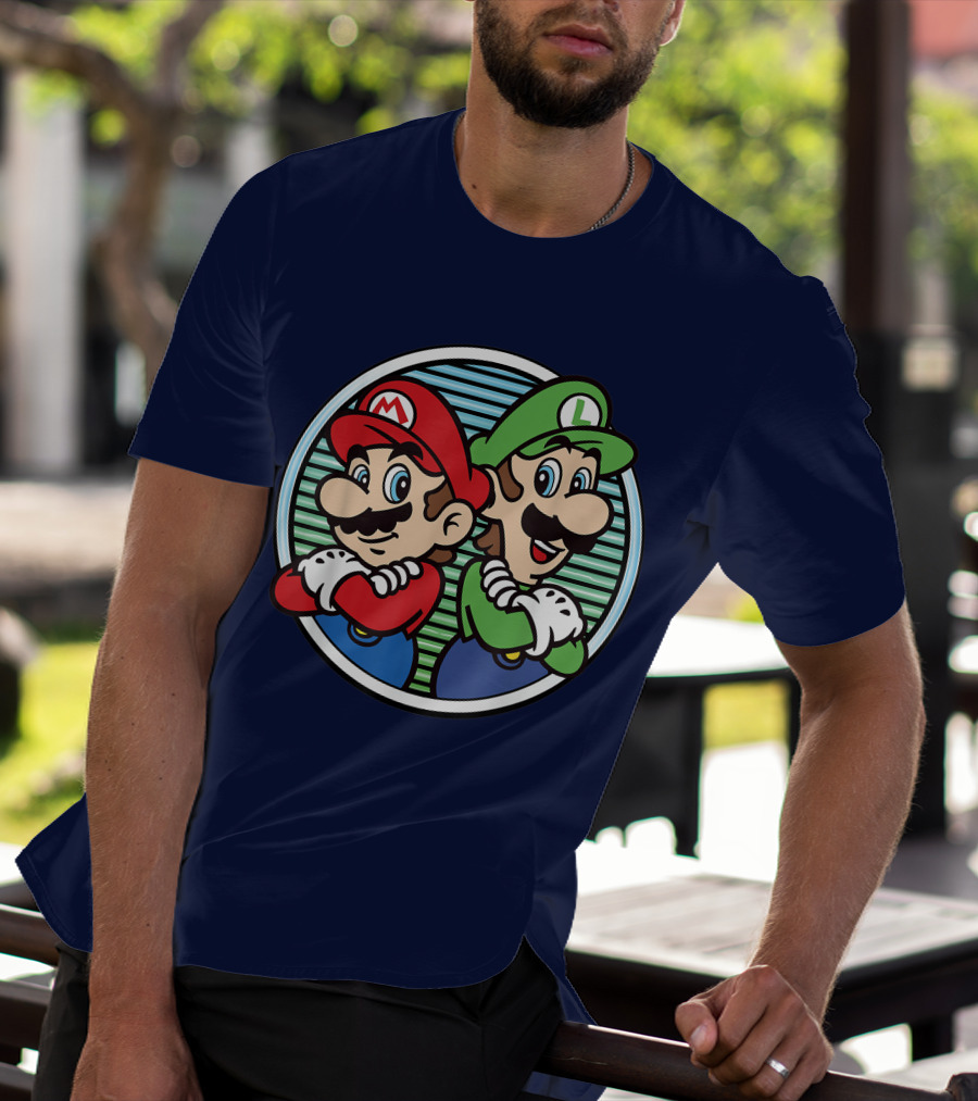 Super Mario Luigi Back To Back Iconic Brothers Circular Retro Stripes T-Shirt