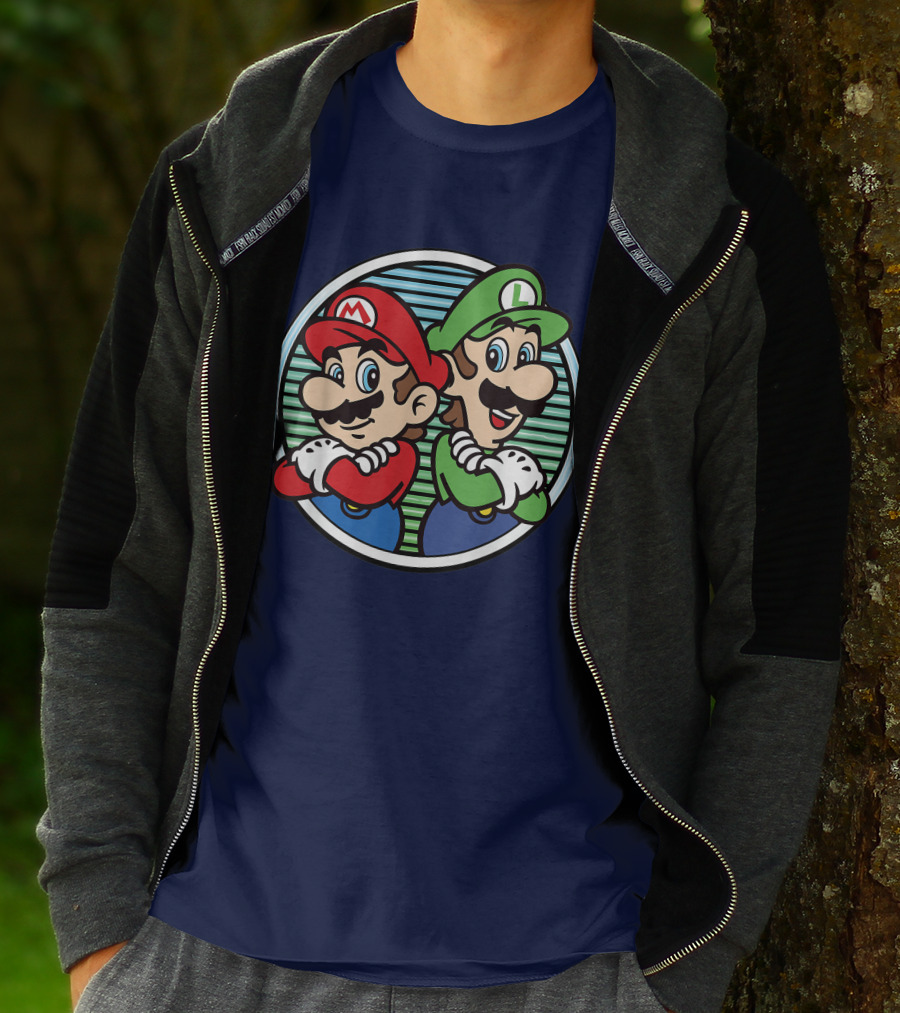 Super Mario Luigi Back To Back Iconic Brothers Circular Retro Stripes T-Shirt