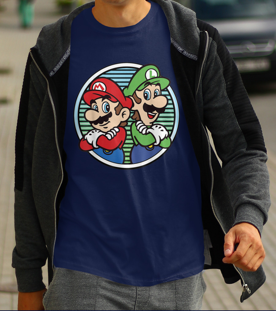 Super Mario Luigi Back To Back Iconic Brothers Circular Retro Stripes T-Shirt