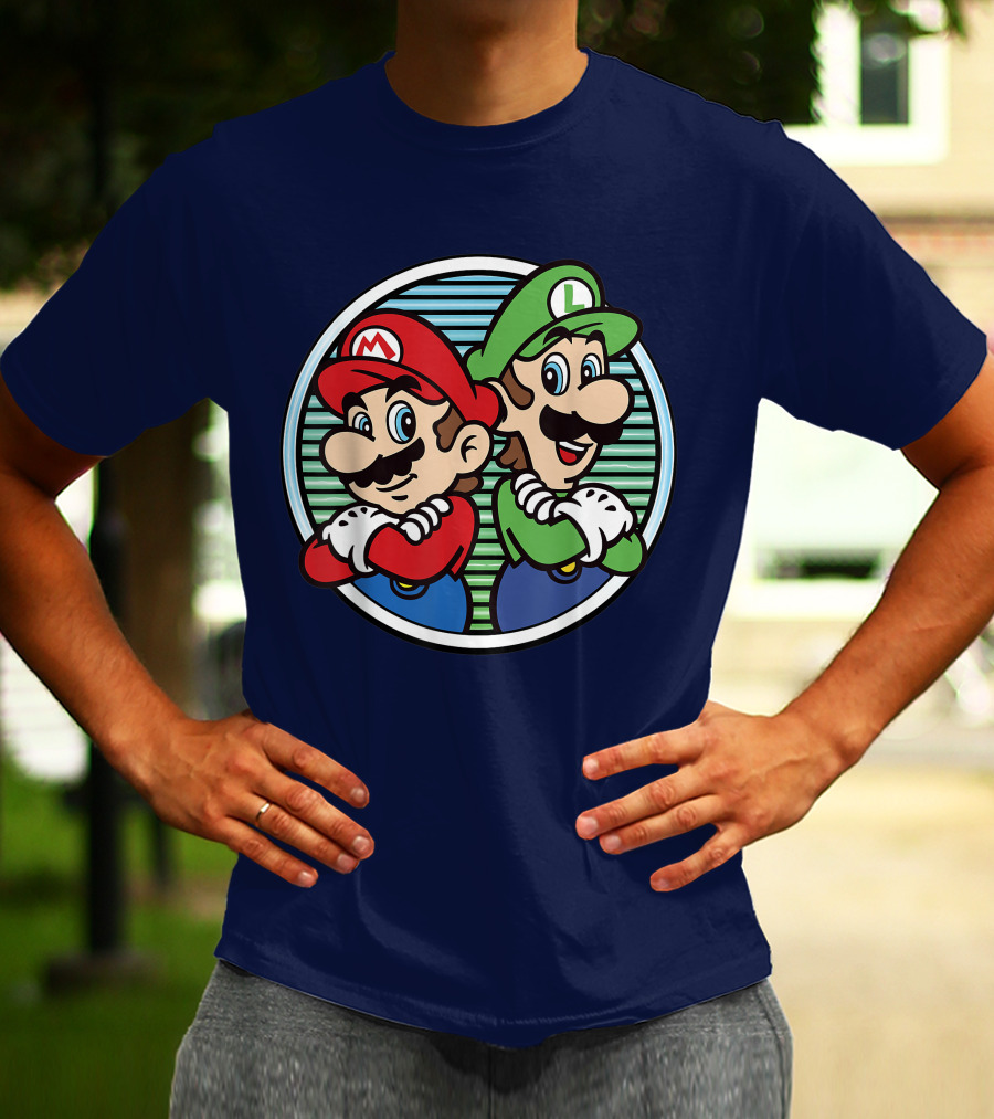 Super Mario Luigi Back To Back Iconic Brothers Circular Retro Stripes T-Shirt
