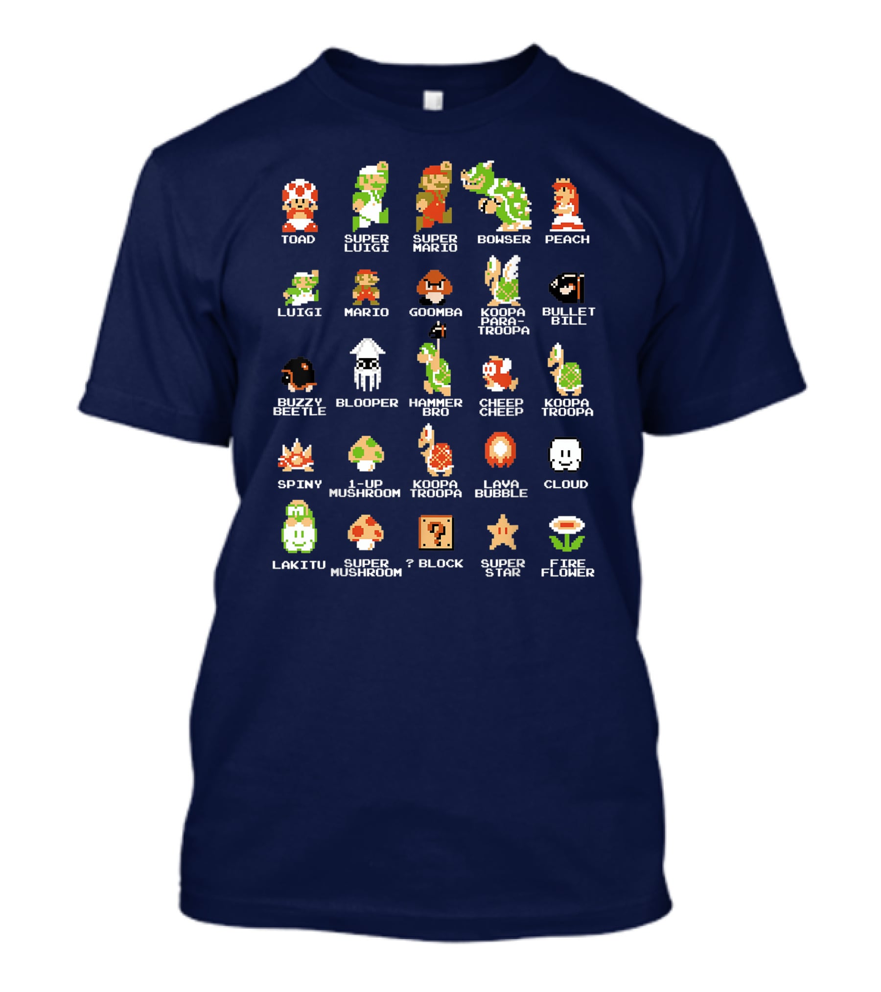 Super Mario 8 Bit Pixel Characters And Enemies List T-Shirt