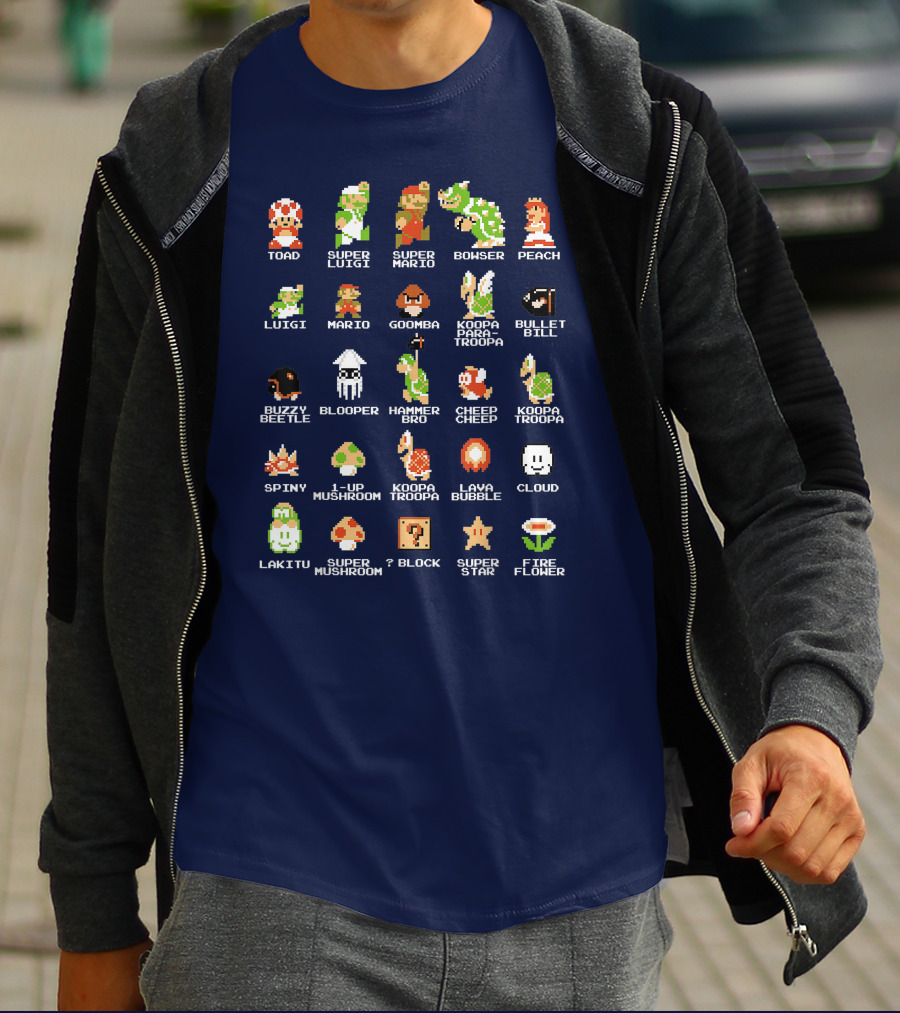 Super Mario 8 Bit Pixel Characters And Enemies List T-Shirt