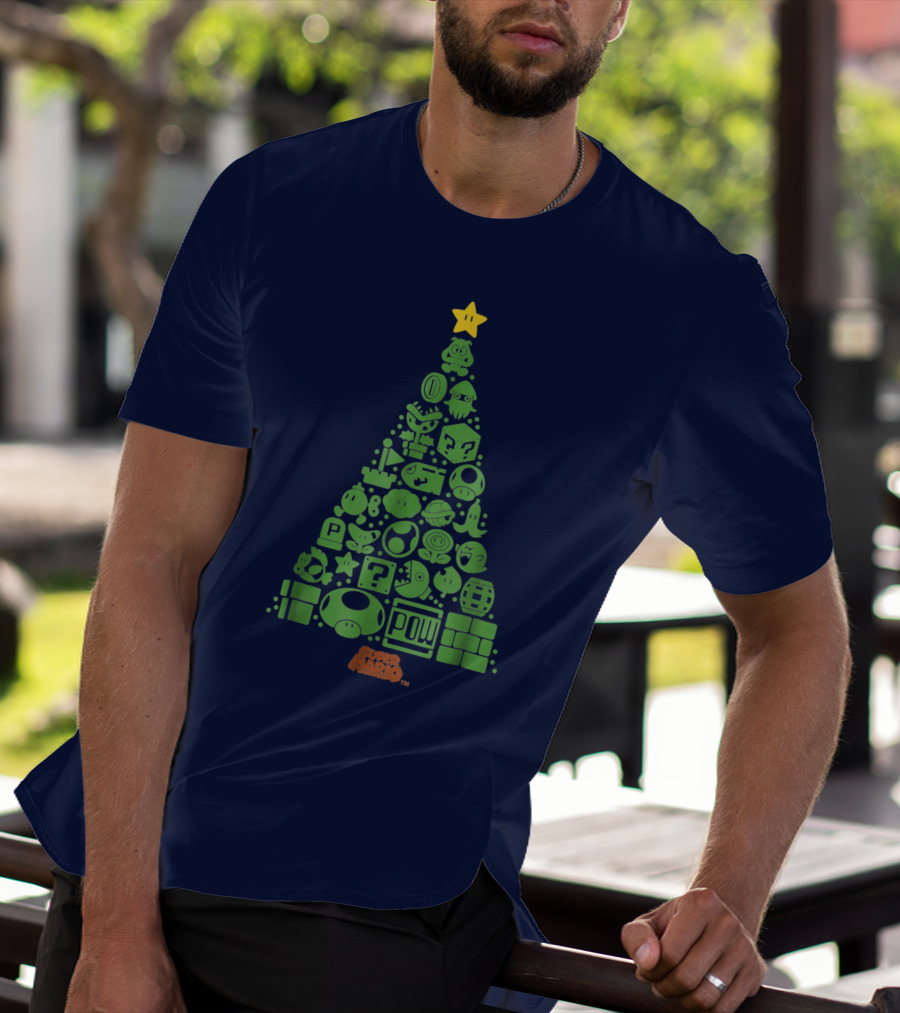 Super Mario Green Icon Christmas Tree With Star And Blocks T-Shirt