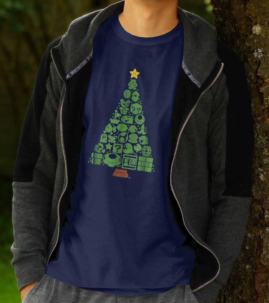Super Mario Green Icon Christmas Tree With Star And Blocks T-Shirt