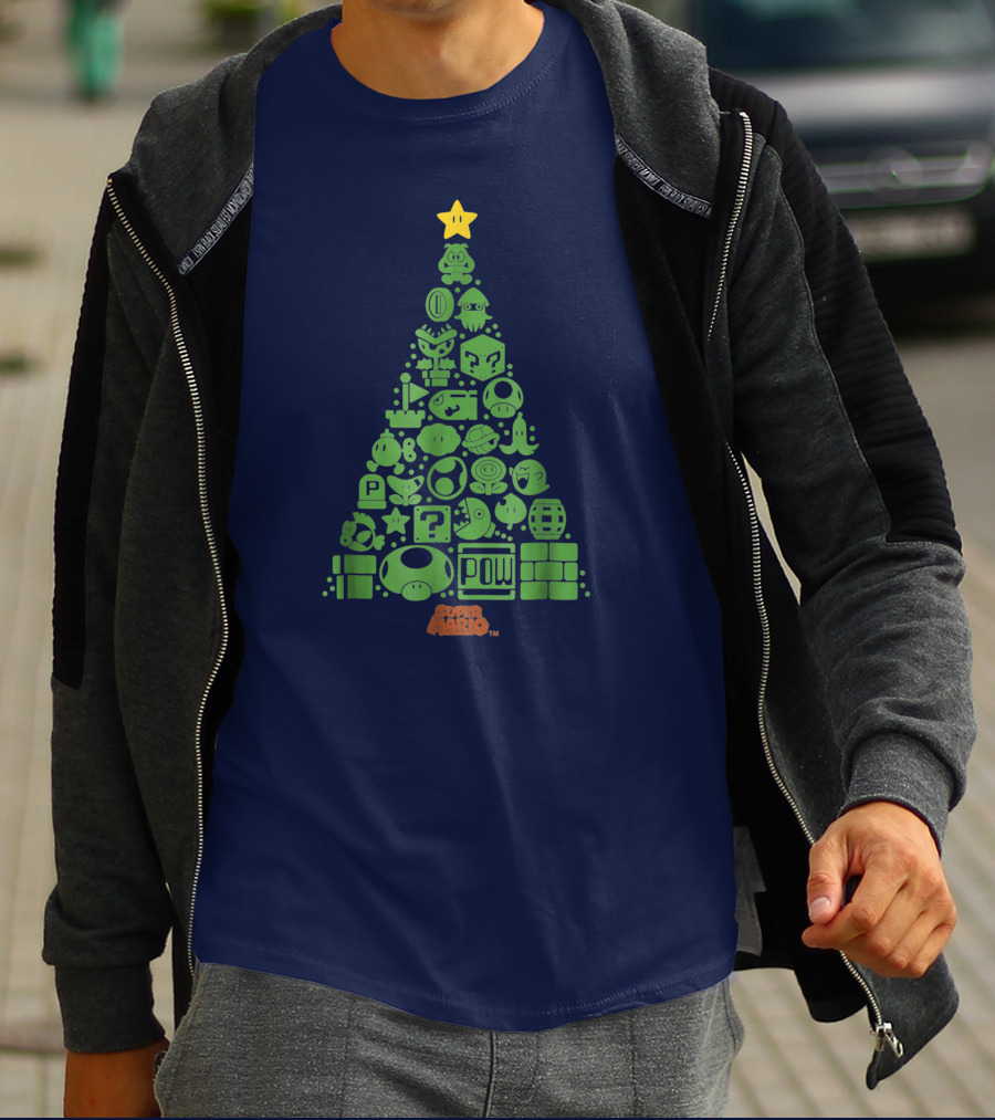 Super Mario Green Icon Christmas Tree With Star And Blocks T-Shirt