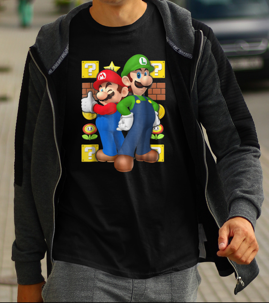 Super Mario Brothers Mario And Luigi With Question Blocks And Power-Up Icons T-Shirt