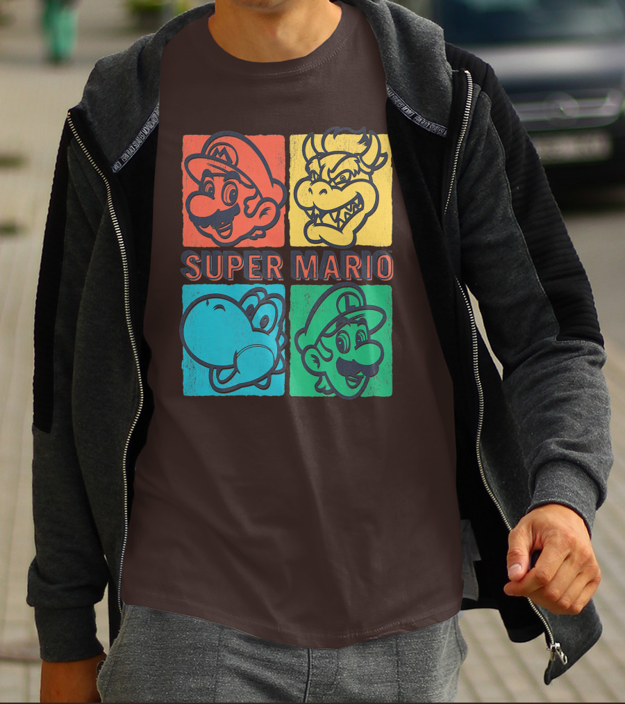 Super Mario Bowser Yoshi Luigi Distressed Square Group Shot T-Shirt