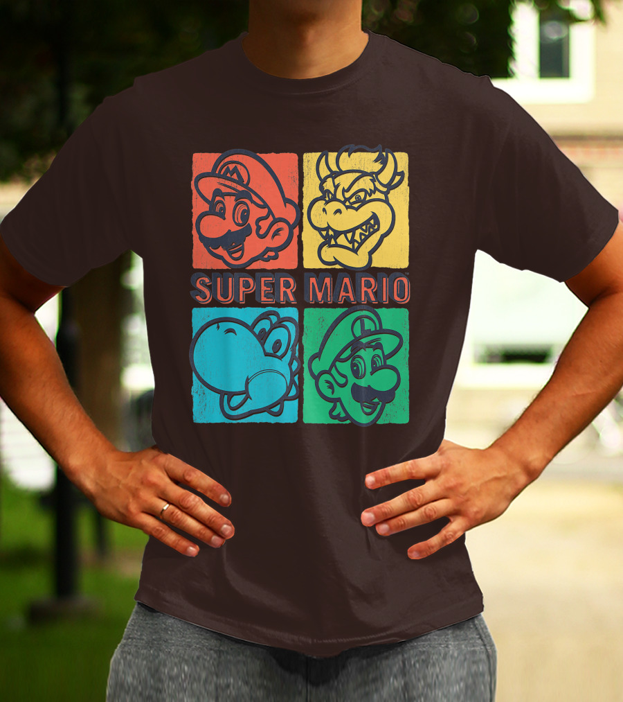 Super Mario Bowser Yoshi Luigi Distressed Square Group Shot T-Shirt