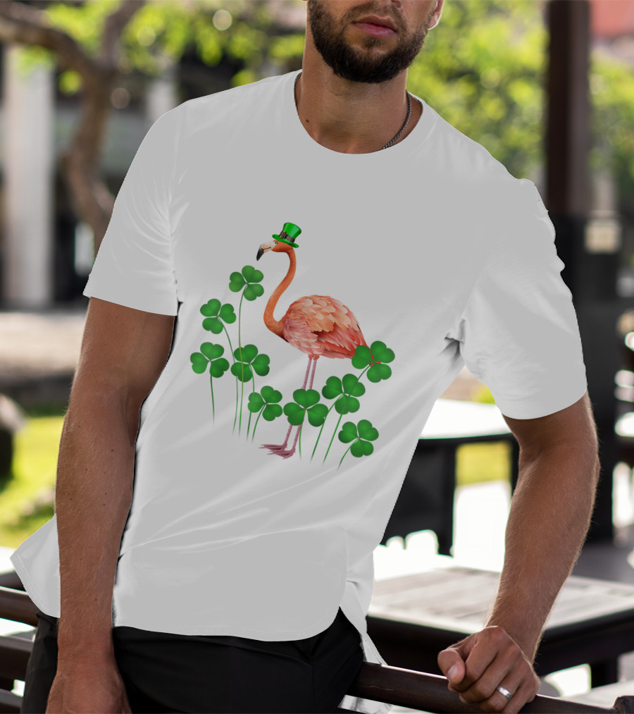 Flamingo With Shamrocks And Leprechaun Hat T-Shirt