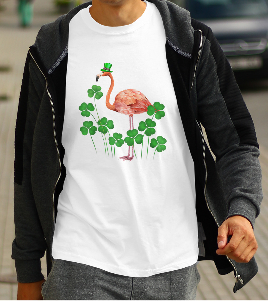 Flamingo With Shamrocks And Leprechaun Hat T-Shirt
