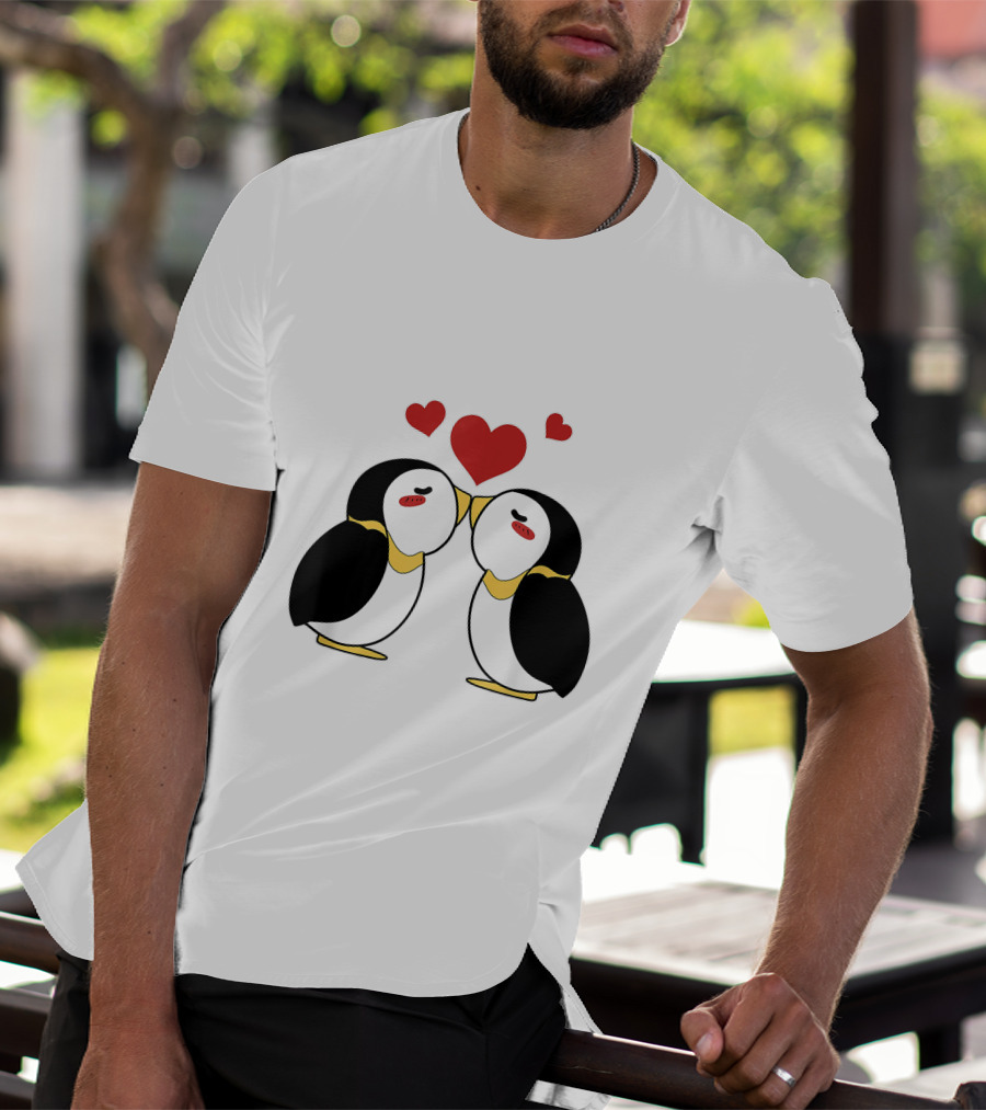 Cute Penguin Lovers Kissing With Hearts Above T-Shirt