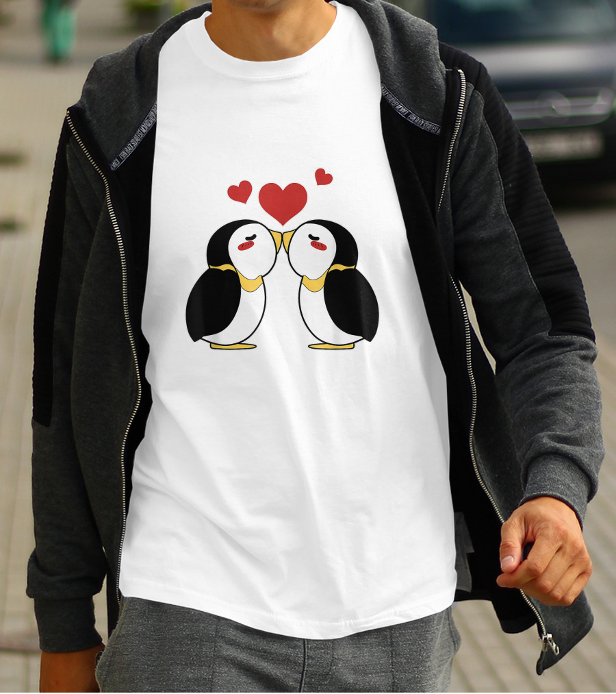 Cute Penguin Lovers Kissing With Hearts Above T-Shirt