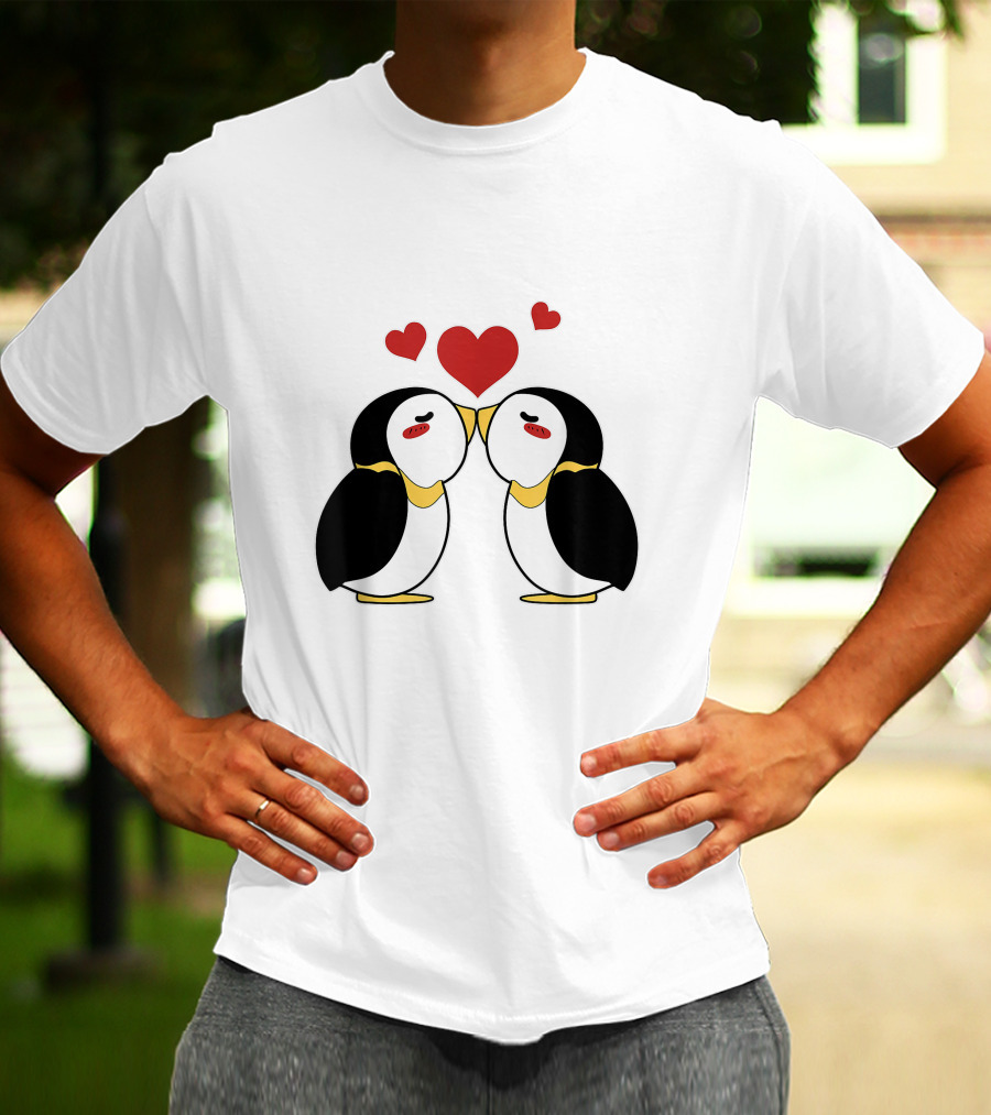 Cute Penguin Lovers Kissing With Hearts Above T-Shirt