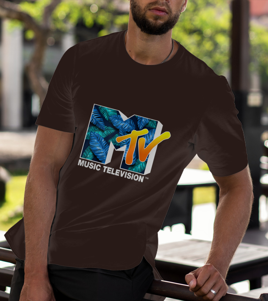 MTV Music Television Blue Green Tropical Leaf Fill T-Shirt