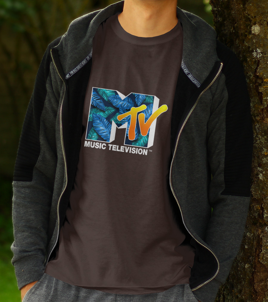 MTV Music Television Blue Green Tropical Leaf Fill T-Shirt